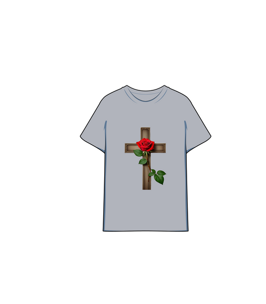 T shirt with the Christian Cross and a Rose
