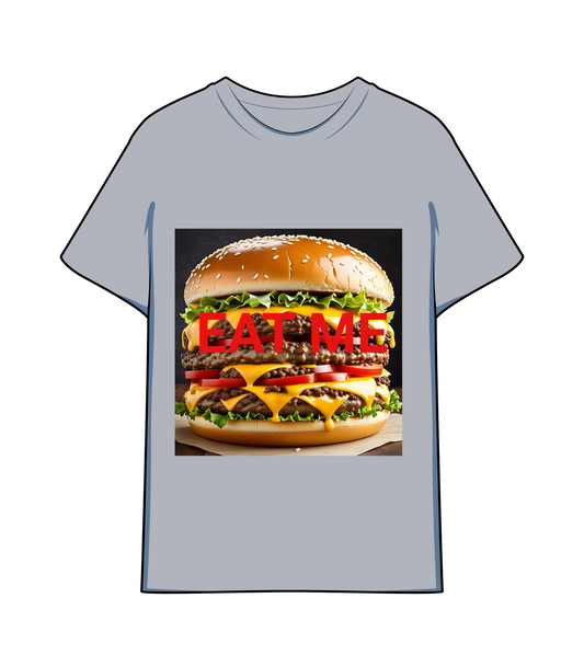 T shirt that says "eat me" with a cheeseburger graphic
